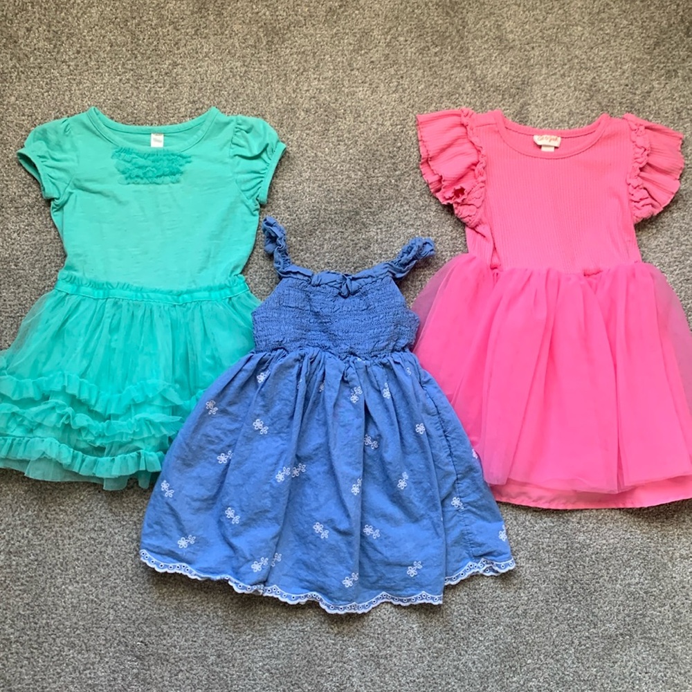 3T girls dresses pink, blue, and green